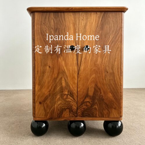 中古风实木胡桃木色球形脚边柜法式复古高级感家用卧室床头柜定制