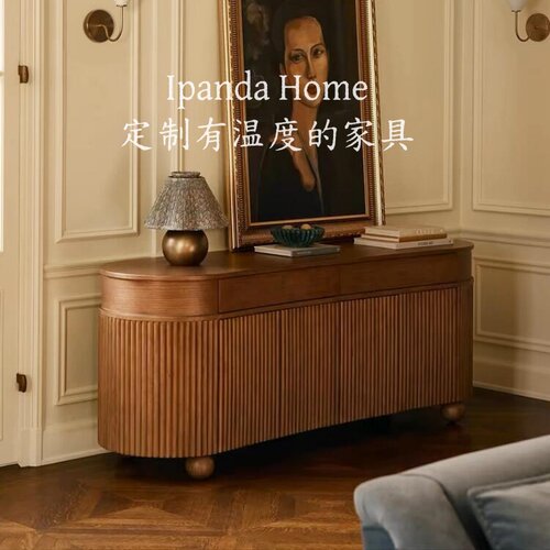 中古风胡桃木色弧形玄关柜法式复古高级感家用客厅设计师款储物柜