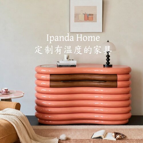 中古风实木粉色烤漆波浪异形餐边柜法式复古高级感家用斗柜储物柜
