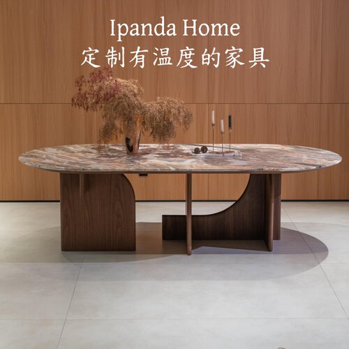 中古风实木烟粉大理石椭圆餐桌法式复古高级感家用设计师款玄关桌