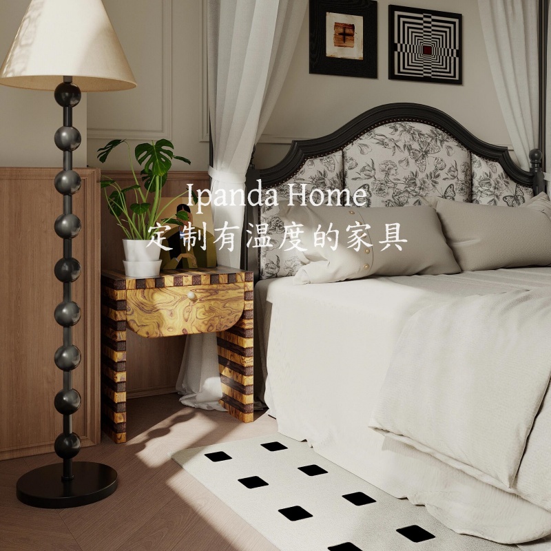 中古风实木树瘤皮彩绘条纹床头柜