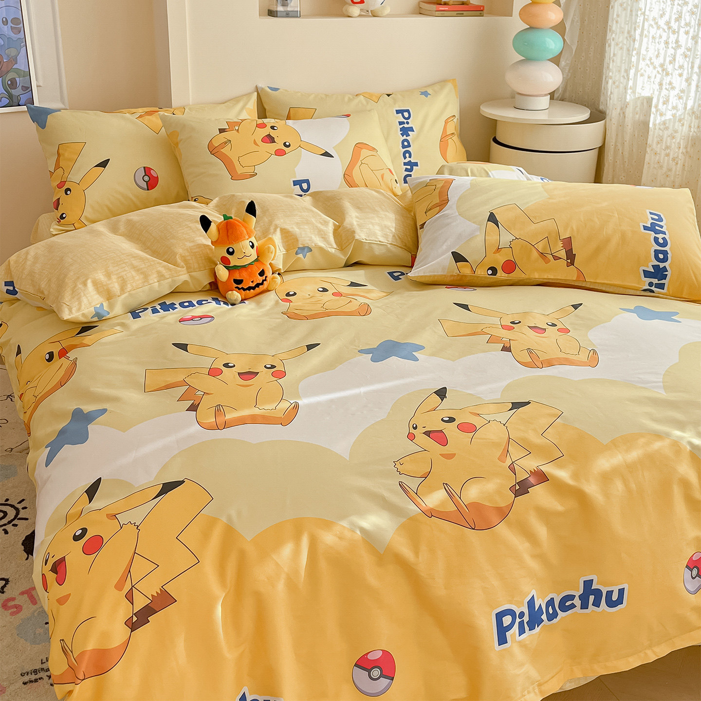 皮卡丘全棉四件套卡通儿童纯棉床单被套宝可梦学生宿舍床上三件套