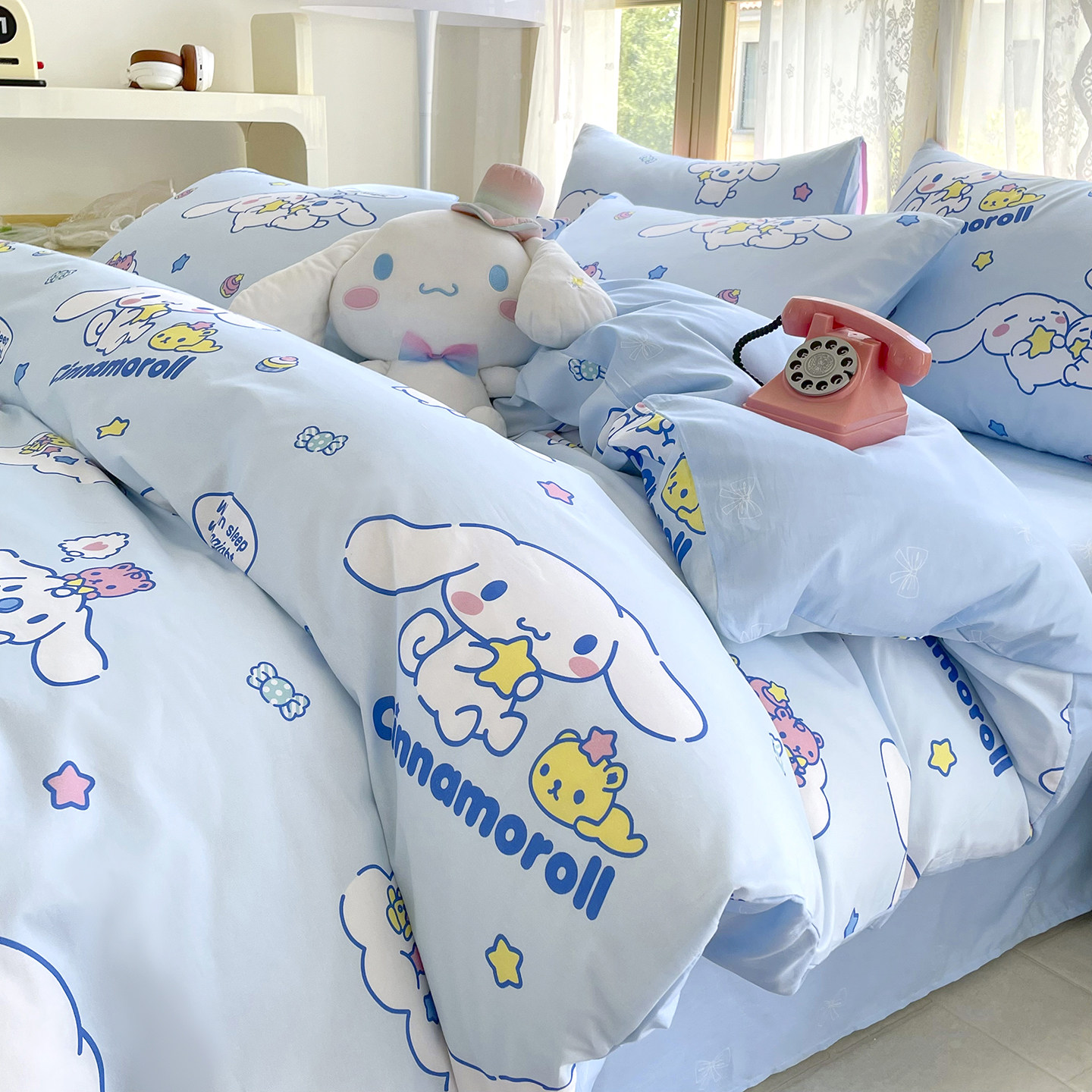 玉桂狗全棉床品四件套纯棉大耳狗儿童床单被套卡通宿舍床上三件套