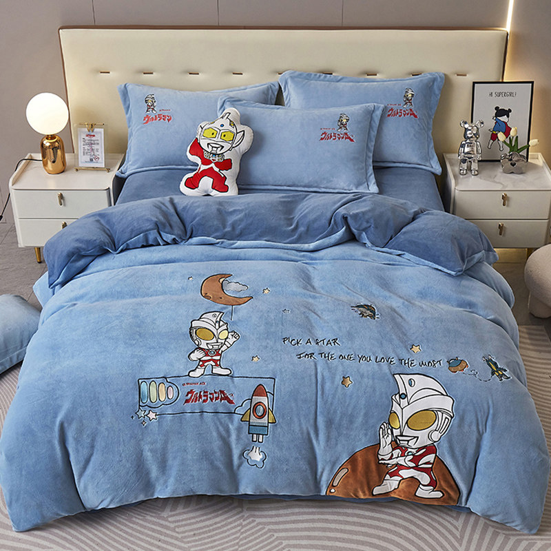奥特曼四件套牛奶绒高级感刺绣冬季珊瑚绒床单被套加厚儿童三件套