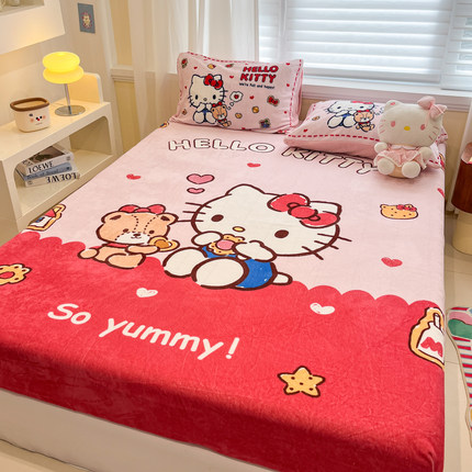 helloKitty冬季加厚牛奶绒床笠单件儿童床单卡通珊瑚绒床罩保护套