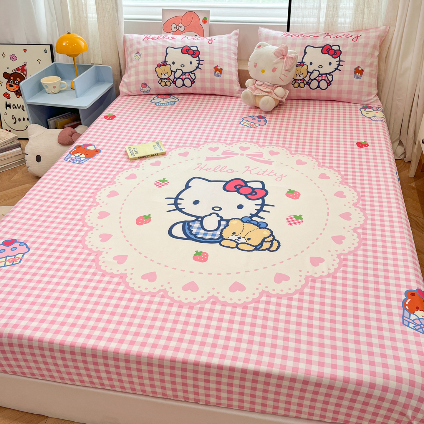 helloKitty纯棉床单床笠三件套卡通女孩床罩全棉床垫保护套防尘罩