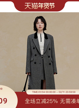 PIT复古灰色中长款100%绵羊毛大衣2025秋季新款显瘦酷飒外套