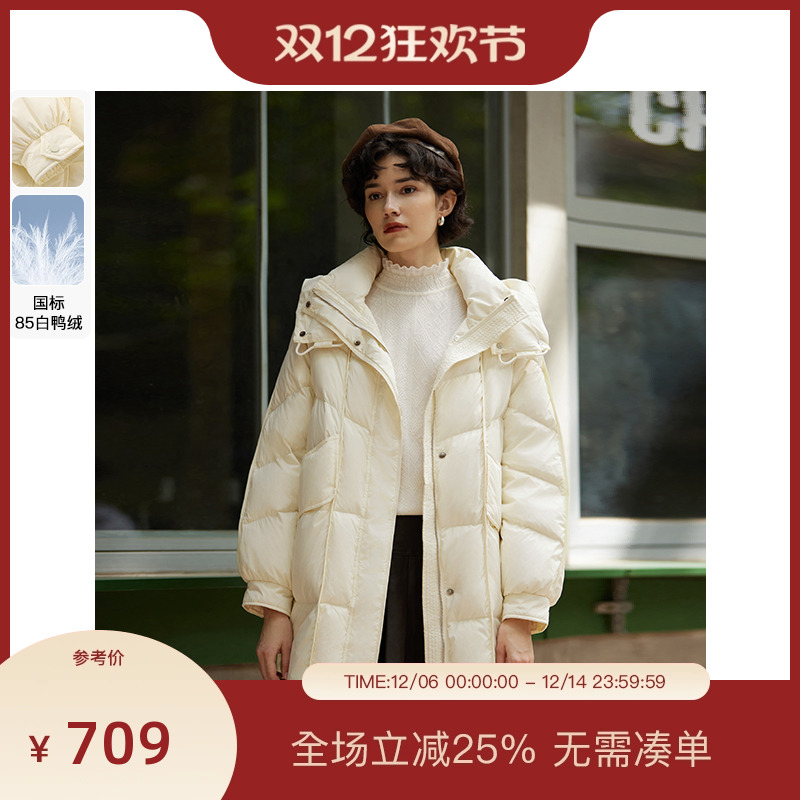 PIT冬日幻想 休闲宽松中长款连帽保暖外套显瘦显高羽绒服女冬季