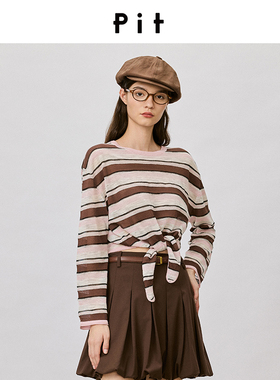 PIT撞色横条纹圆领系带长袖针织衫T恤女2025夏内搭打底衫上衣