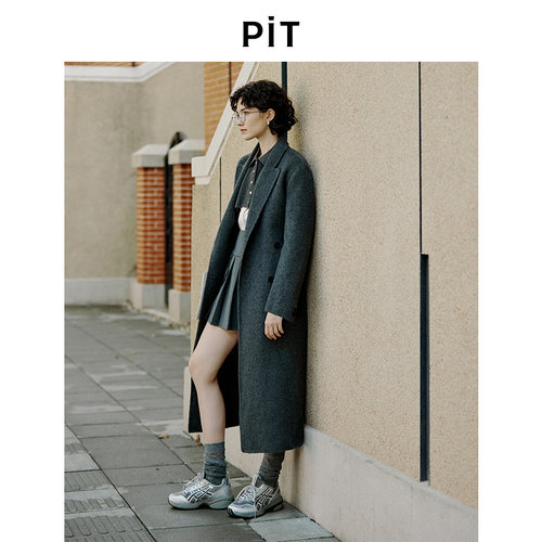【博主同款】PIT复古长款绵羊毛呢大衣女冬季桑蚕丝百搭