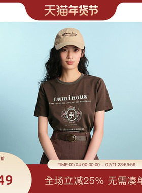 PIT圆领100%纯棉字母印花短袖T恤女2025夏舒适透气休闲半袖上衣