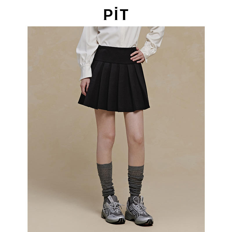 【博主同款】PIT黑色百褶高腰半身短裙2025秋季新款显瘦纯色百搭