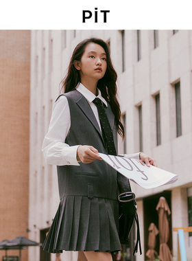 【博主同款】PIT复古灰色V领连衣裙无袖百褶裙2025秋季新款背心裙