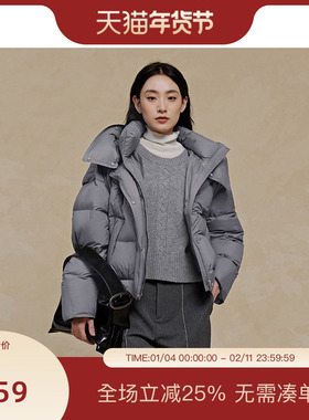 PIT灰色连帽保暖羽绒服女鸭绒短款外套2025冬季新款百搭外套