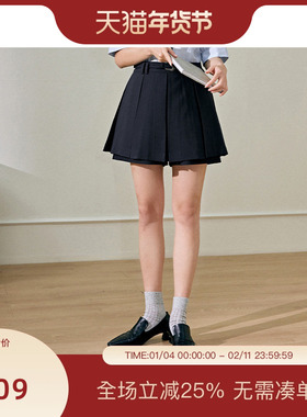 PIT复古设计感高腰显瘦a字压褶短裙裤女夏季新款西装百褶短裤