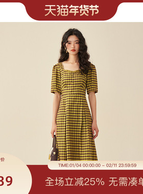 PIT复古法式设计感纯棉格子连衣裙女2025春季新款方领泡泡袖裙子