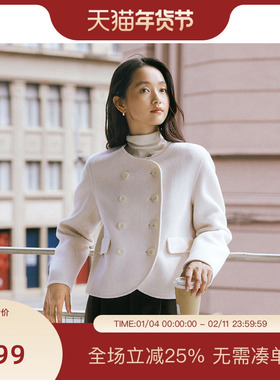 PIT100%绵羊毛小香风毛呢子短外套女2025春季新款双排扣小个子