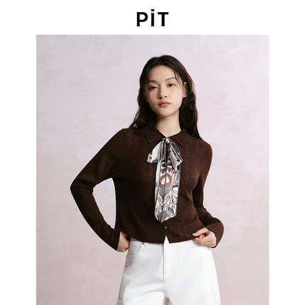 PIT纯色翻领镂空开衫长袖毛衣针织衫女2025秋蝴蝶结修身显瘦上衣