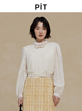 PIT圆领荷叶边套头蕾丝衬衫女中高领2025春季新款长袖百搭上衣