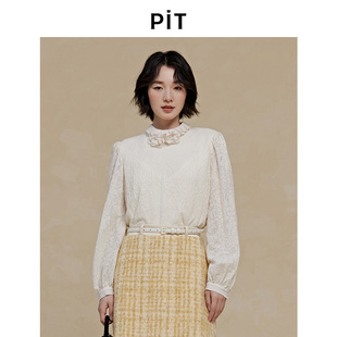 长袖 新款 百搭上衣 女中高领2025秋季 PIT圆领荷叶边套头蕾丝衬衫