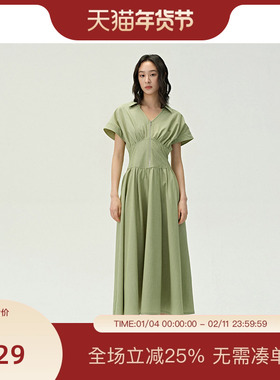PIT绿色翻领收腰半拉链A字短袖连衣裙女2025夏薄款透气中长裙