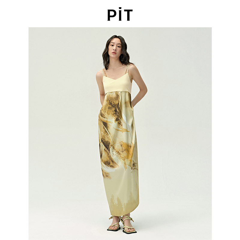 PIT复古拼色收腰露肩无袖吊带连衣裙女2025夏薄款透气直筒中长裙