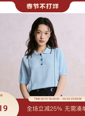 PIT复古短袖POLO衫T恤针织衫女2025春季新款短款老钱风打底上衣