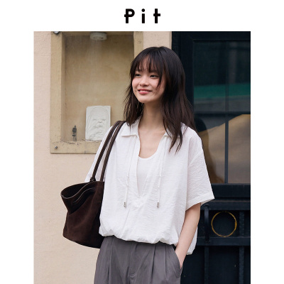 PIT假两件设计感短袖衬衫女士2026夏季小个子宽松亲肤短款上衣