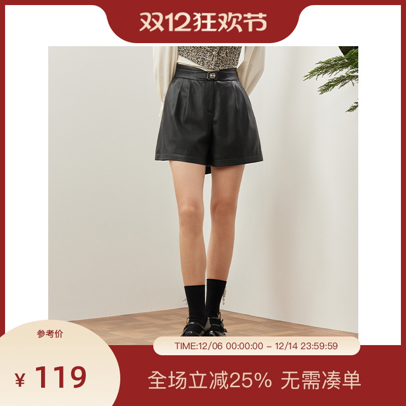 PIT小个子高腰黑色皮短裤酷飒2025秋冬新款休闲显瘦花苞裤子女