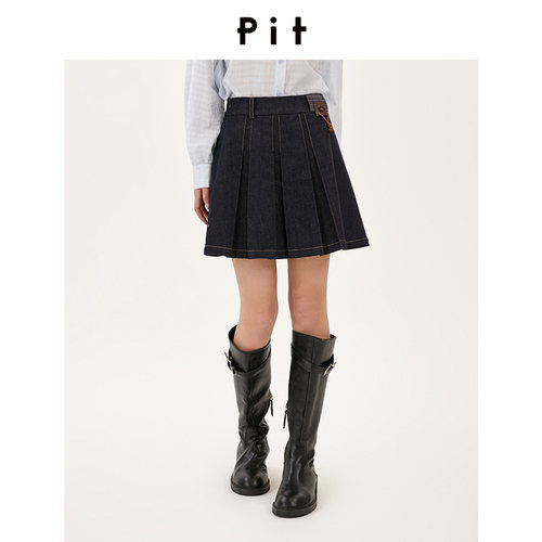【商场同款】PIT26秋新款复古牛仔撞色明线百褶短裙107D630243