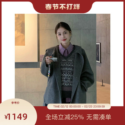 PIT100%绵羊毛呢外套女2025冬季新款长袖短外套显瘦小个子百搭