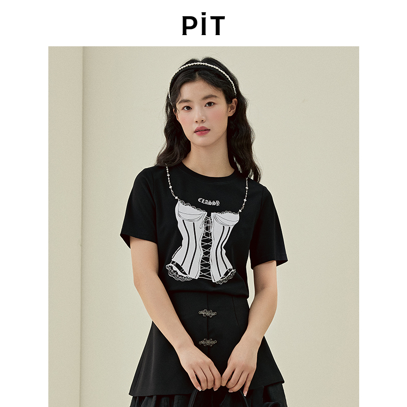 PIT圆领修身显瘦透气正肩短袖T恤女2025夏创意印花内搭上衣