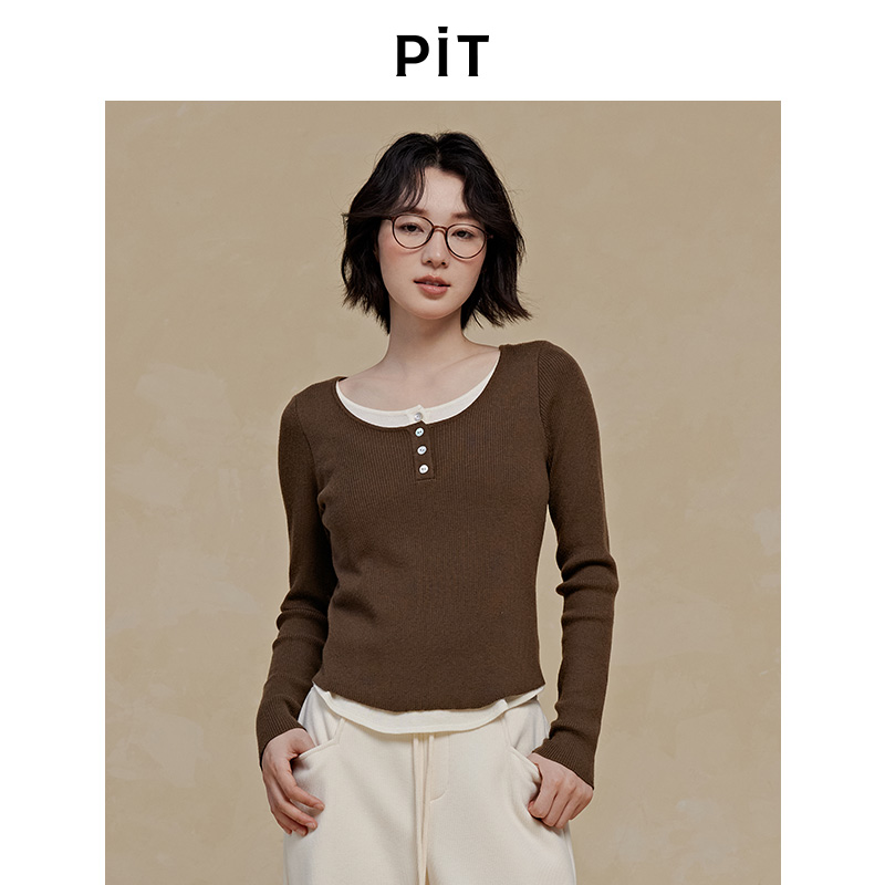PIT绵羊毛假两件长袖毛针织衫圆领收腰咖色毛衣2025秋季新款