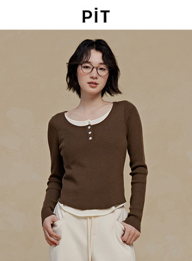 PIT绵羊毛假两件长袖毛针织衫圆领收腰咖色毛衣2025春季新款