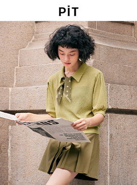 PIT复古设计感飘带领结短袖针织衫女秋季新款薄款透气短上衣