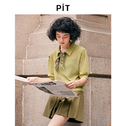 PIT复古设计感飘带领结短袖针织衫女秋季新款薄款透气短上衣