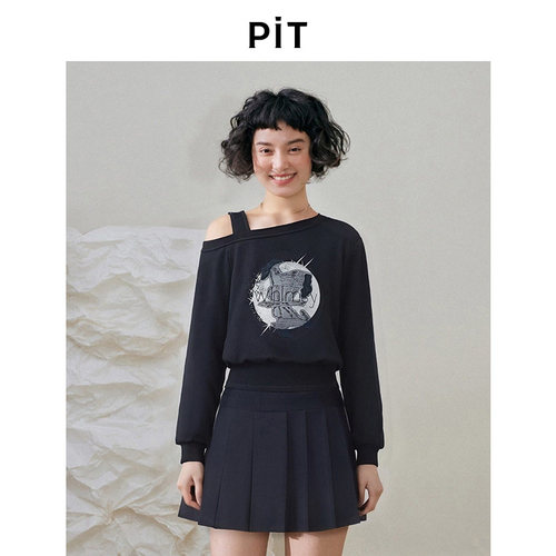 PIT长袖斜肩卫衣女2026春季新款百搭显瘦露肩上衣