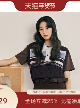 PIT翻领撞色套头无袖马甲背心针织衫女2025夏显瘦叠穿T恤上衣