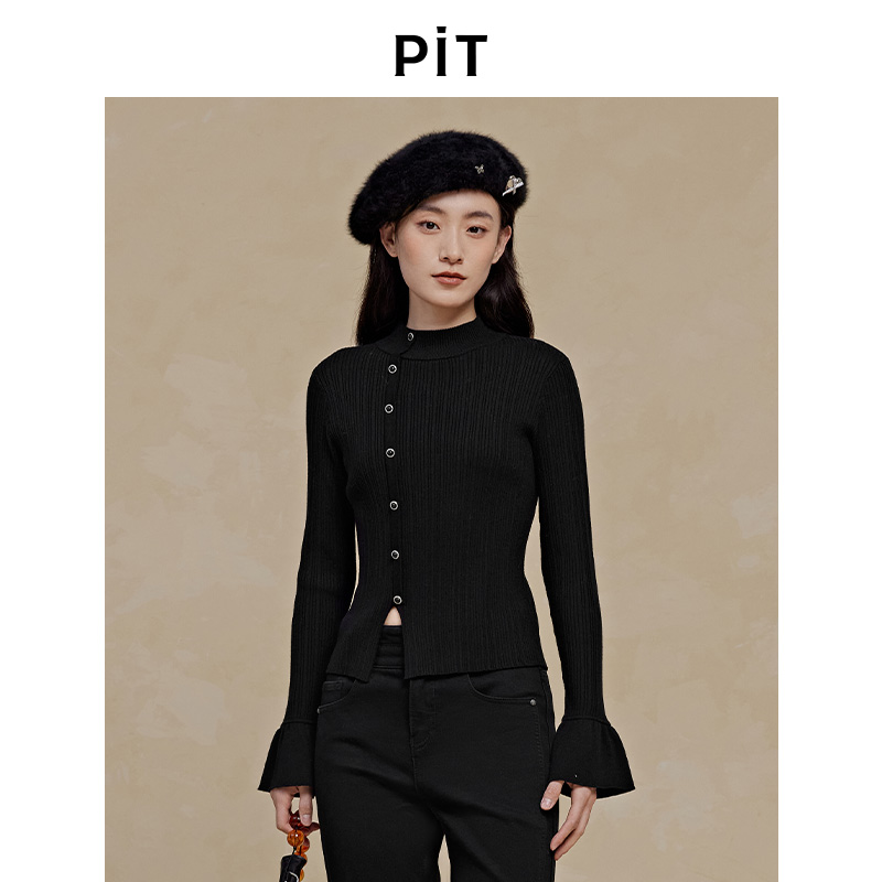 PIT经典款半高领黑色毛针织衫女2025秋季新款长袖正肩紧身显瘦
