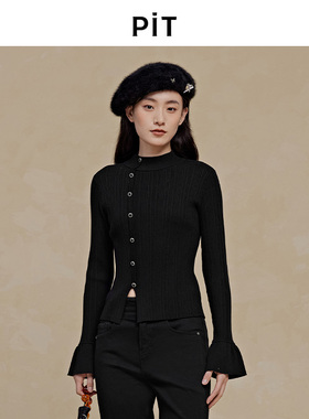 PIT经典款半高领黑色毛针织衫女2025春季新款长袖正肩紧身显瘦