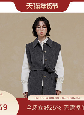 PIT复古灰色中长款绵羊毛风衣马甲坎肩2025秋季新款翻领设计感