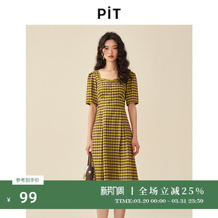 方领泡泡袖 新款 裙子 设计感纯棉格子连衣裙女2025春季 PIT复古法式