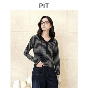 PIT条纹长袖连帽针织衫女2026春季新款百搭显瘦休闲上衣