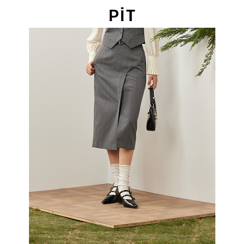 PIT复古高腰条纹半身裙新款冬季直筒显瘦百搭中长半裙