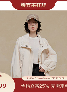 PIT复古米白翻领长袖短外套2025春季新款女棒球服款百搭上衣