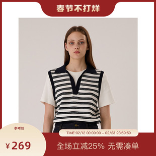 PIT撞色条纹拼接假两件翻领短袖T恤针织衫女2025夏薄款修身上衣