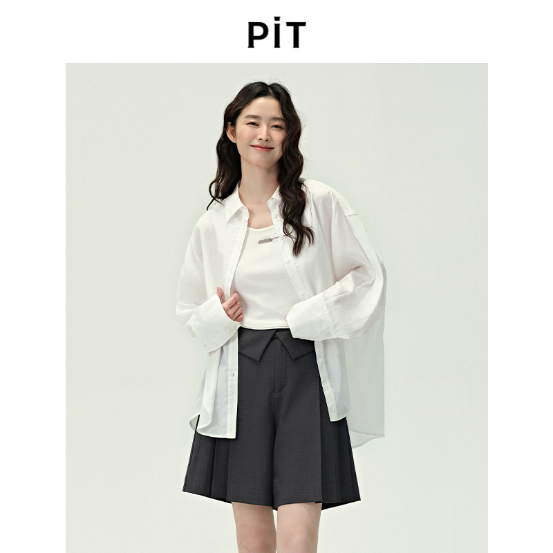 PIT白色翻领侧开叉长袖不规则衬衫女2025春新款通勤内搭衬衣上衣