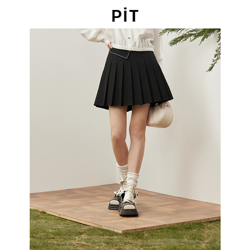 PIT简约复古百褶高腰短裙新款百搭学院风通勤显瘦
