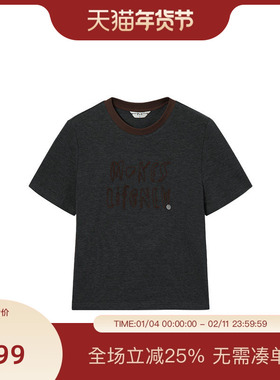 PIT复古美式街头黑色圆领T恤女百搭显瘦2025秋季新款