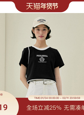 PIT黑色纯棉圆领字母印花短款T恤短袖女2025夏新款休闲修身上衣